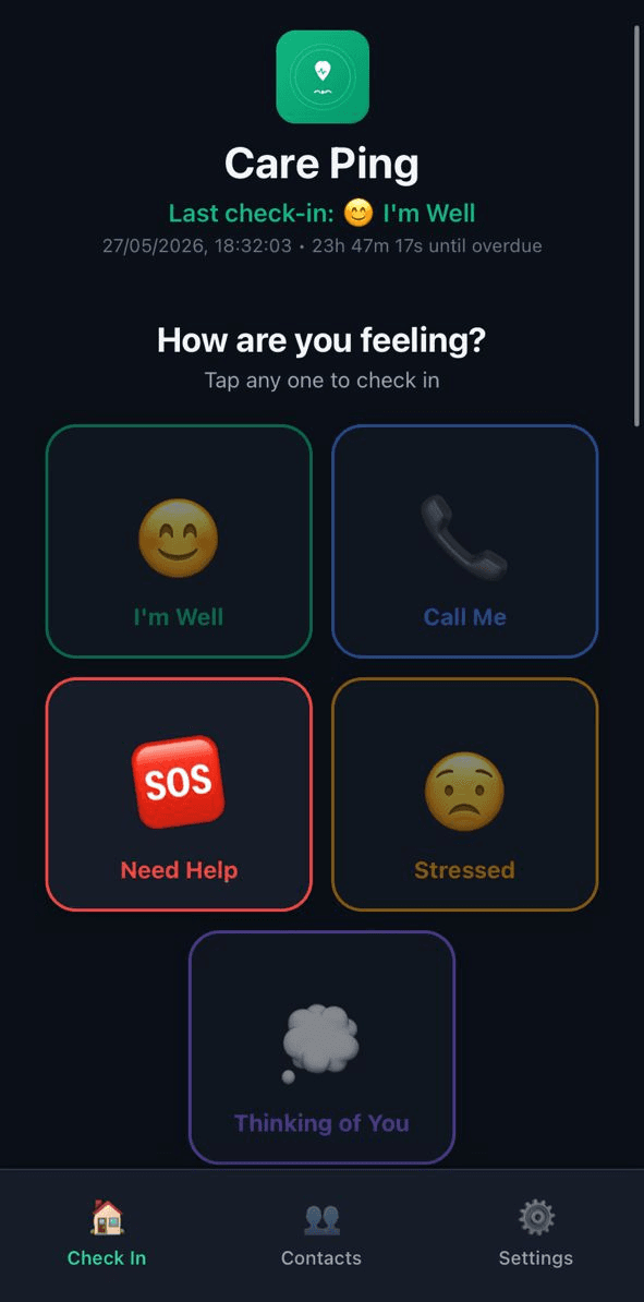 Careping check-in screen showing mood options: I'm Well, Call Me, Need Help, Stressed, Thinking of You
