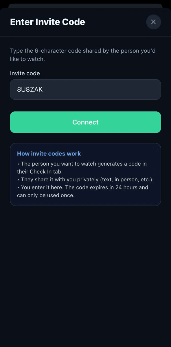 Entering an invite code to start watching someone