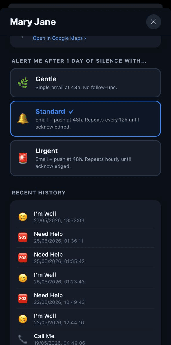 Guardian view of a Pinger with alert severity and recent check-in history